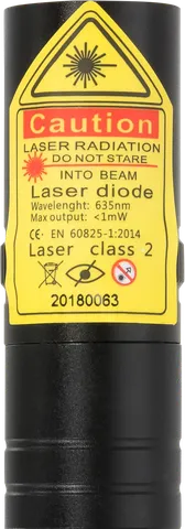 Pointeur laser rouge compact rechargeable R2 Pro – gros plan sur l’étiquette d’avertissement avec la classe laser