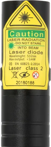 Pointeur laser vert compact rechargeable G2 Pro – gros plan sur l’étiquette d’avertissement avec la classe laser