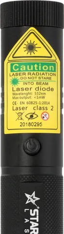 Pointeur laser vert rechargeable G3 Pro – gros plan sur l’étiquette d’avertissement avec la classe laser