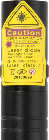 Pointeur laser violet compact rechargeable V2 Pro – gros plan sur l’étiquette d’avertissement avec la classe laser