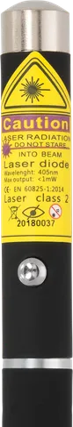 Pointeur laser violet stylo Z1 – gros plan sur l’étiquette d’avertissement avec la classe laser